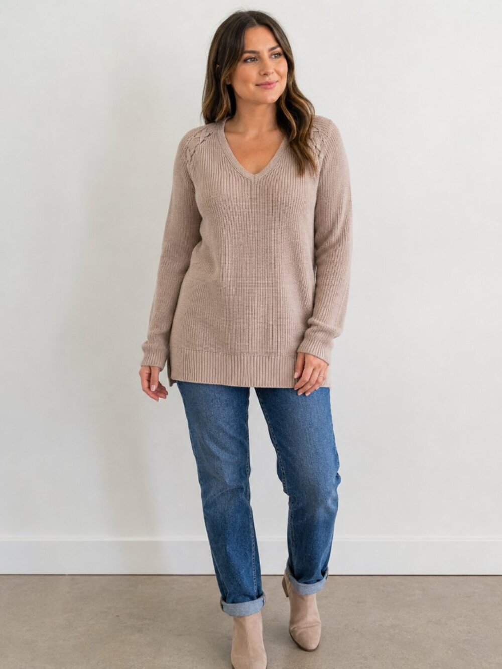 A.N.A. Blush Pink Lace Up Shoulder V Neck Knit Sweater Size L
